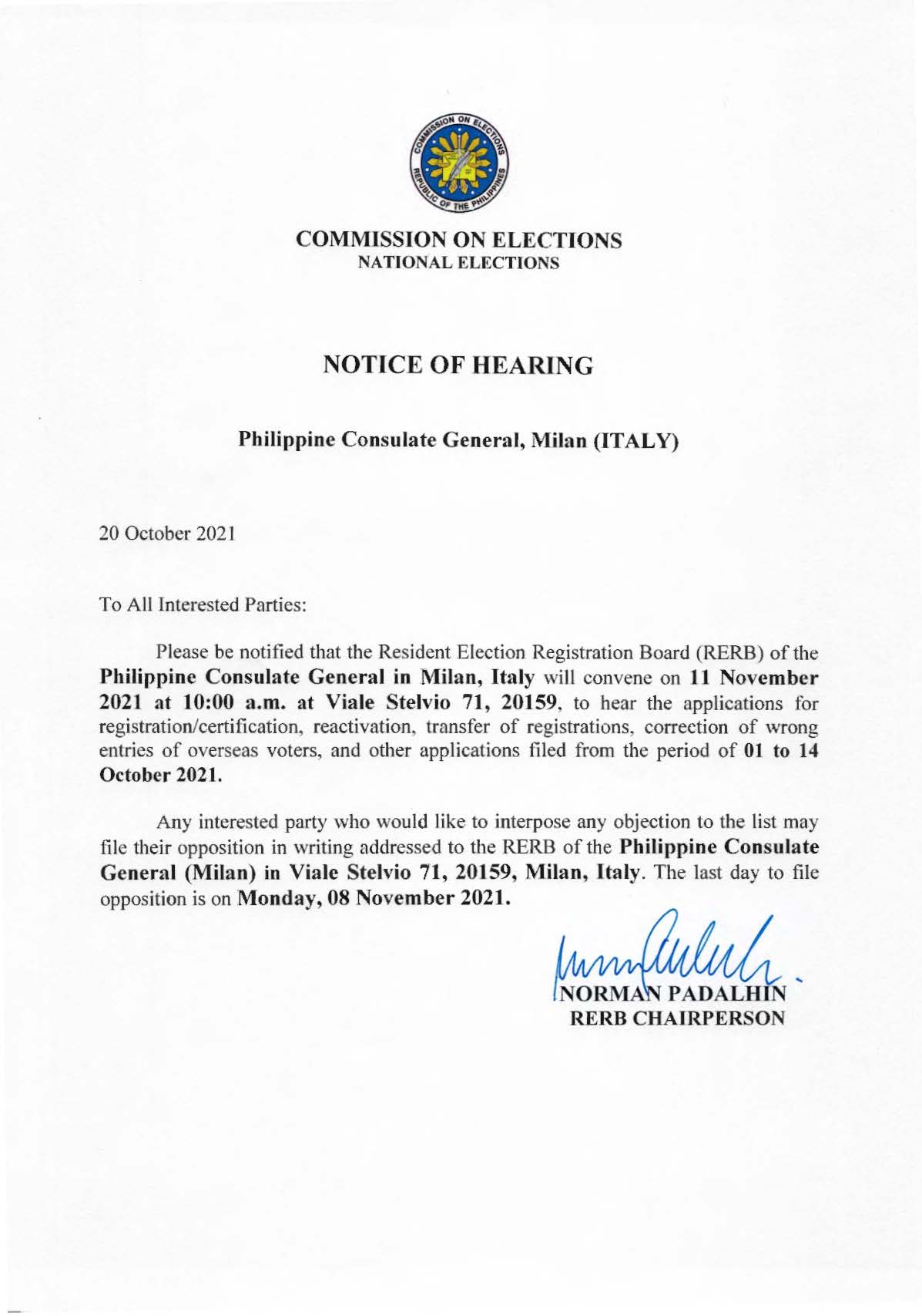 NOTICE OF HEARING 01 TO 14 OCTOBER 2021