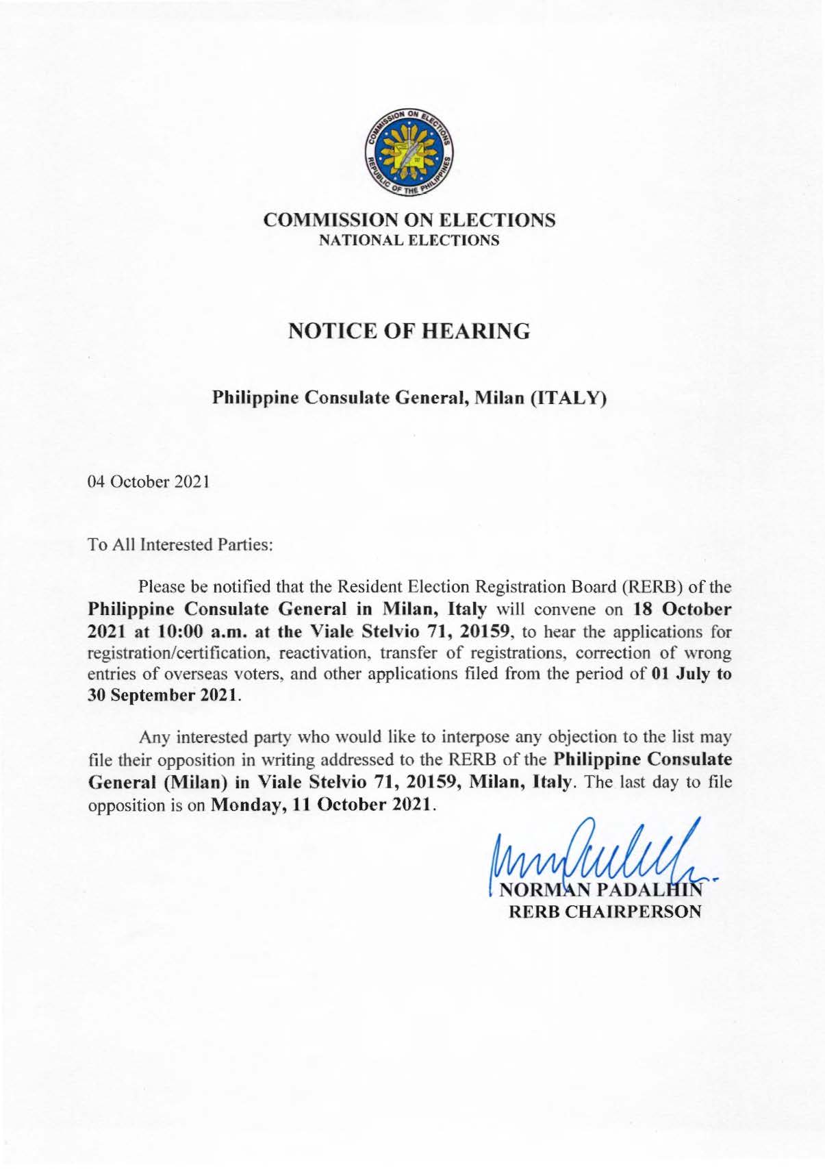 NOTICE OF HEARING JULY TO SEPTEMBER 2021