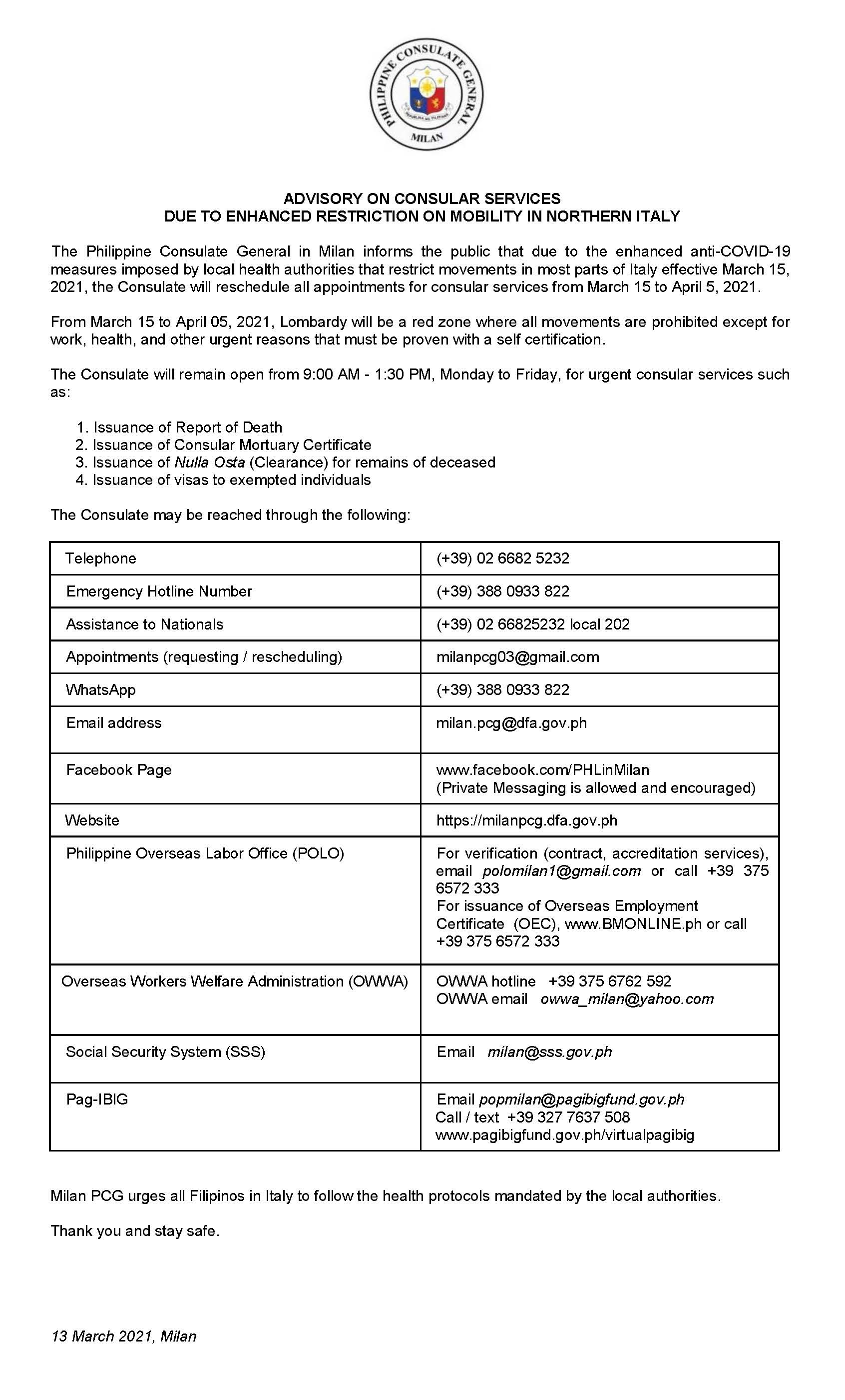 ADVISORY ON COSULAR SERVICES 15 MARCH TO 05 APRIL 2021