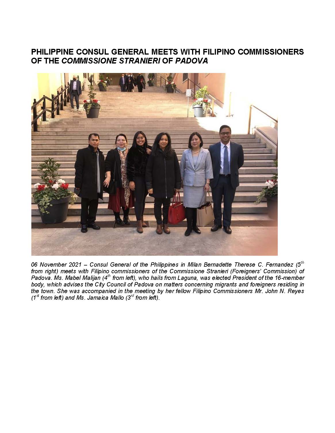 PHILIPPINE CONSUL GENERAL MEETS WITH FILIPINO COMMISSIONERS OF THE COMMISSIONE STRANIERI OF PADOVA