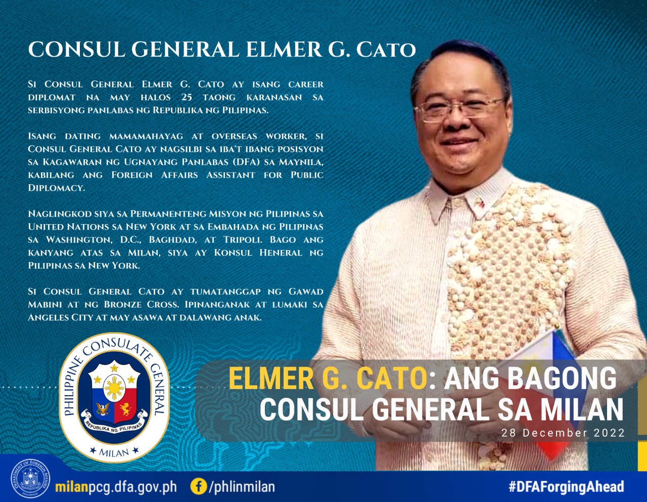 ELMER G.CATO ANG BAGONG CONSUL GENERAL SA MILAN