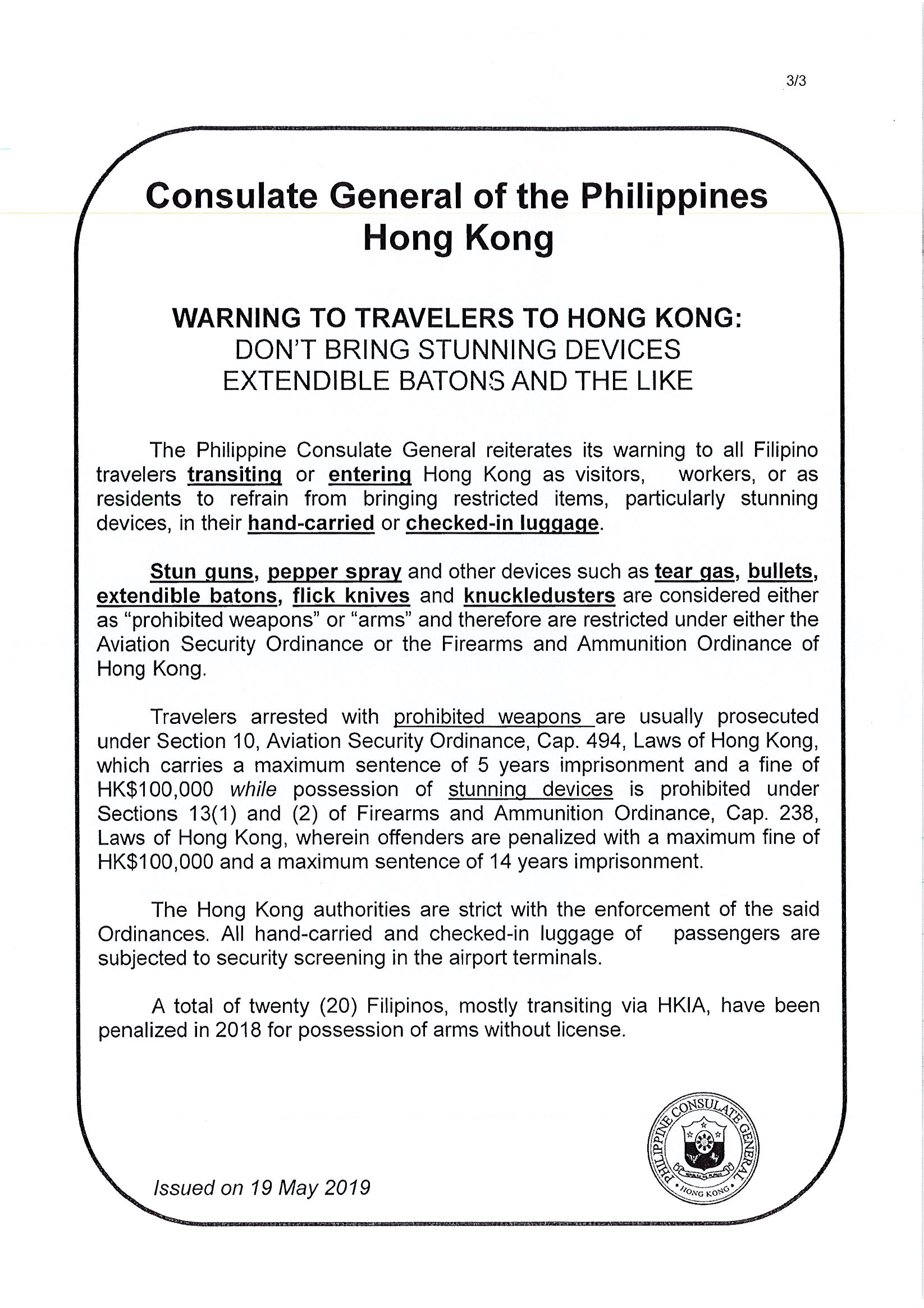 Advisory for Filipinos Travelling in Hongkong