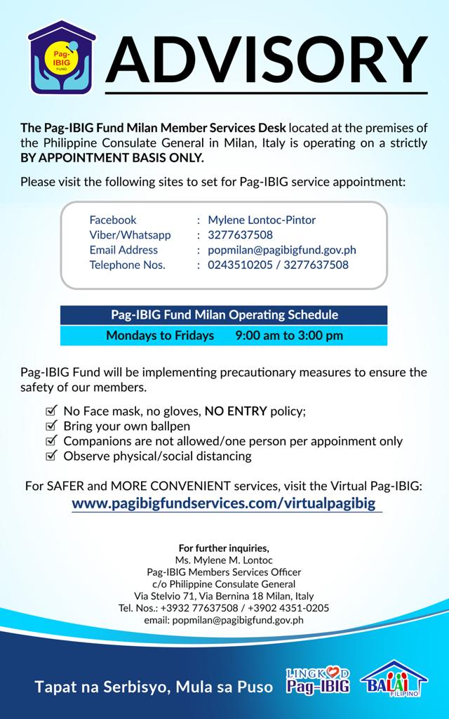 ADVISORY FROM PAG IBIG MILAN